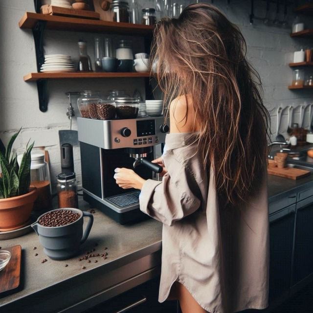 Mujer preparando café en la cocina