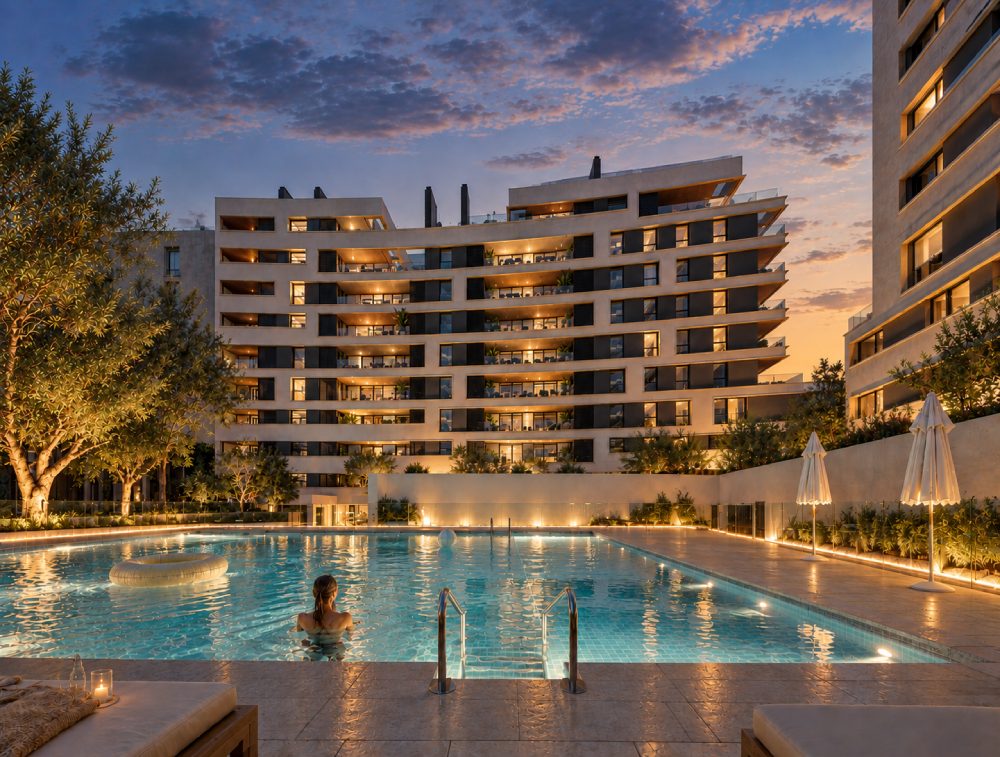 Piscina comunitaria de Serenia Valdebebas al atardecer