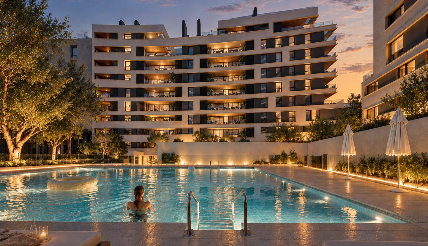 Piscina comunitaria de Serenia Valdebebas al atardecer