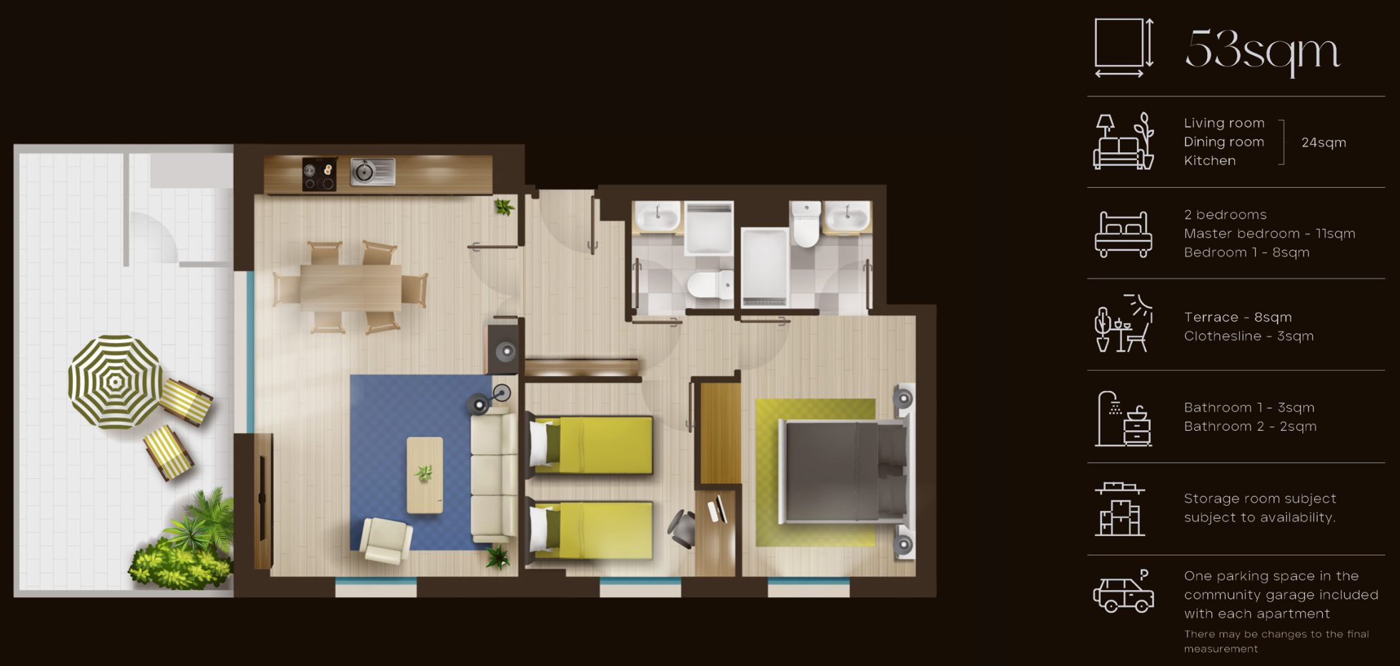 Plano: Apartamento de 74 m² con terraza de 132 m²